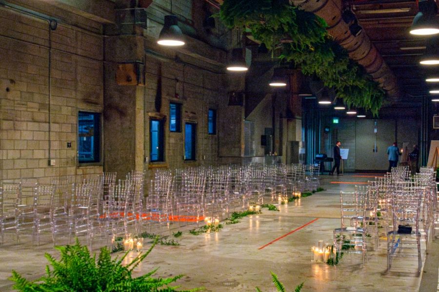 Wedding seating in an empty wedding event venue located inside 100 Kellogg Lane in London Ontario.